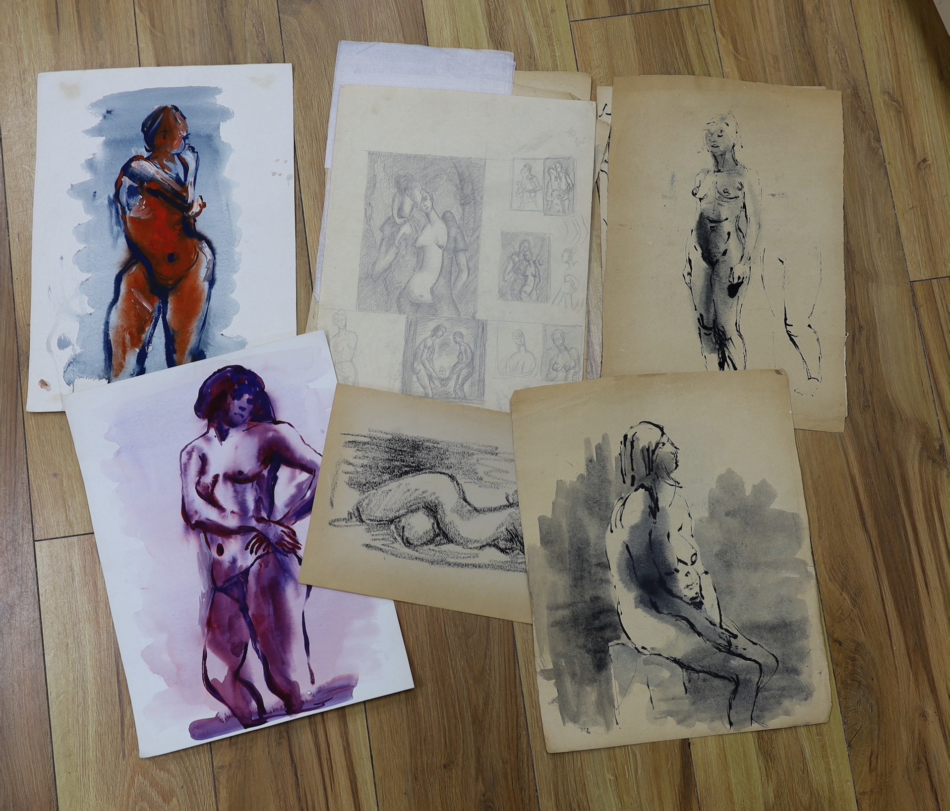H.H. Sayce (1918-2001), a small group of ink and wash studies, mostly female nudes, signed, largest 38 x 28cm, unframed